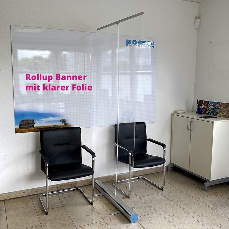 Rollup Bannerdisplay 120 cm mit transparenter Füllung, Trennwand, Hygieneschutz